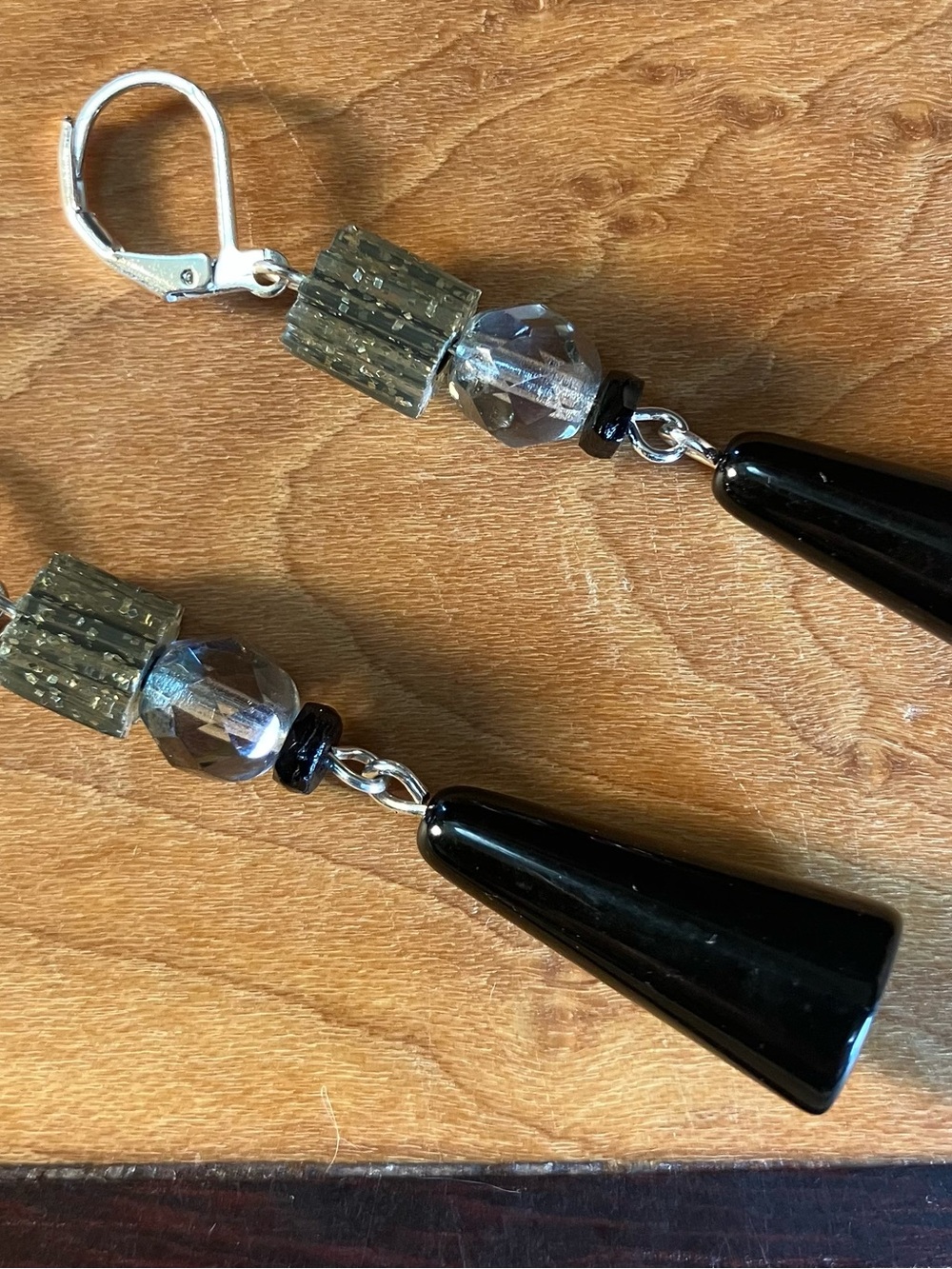 Black Teardrop Dangle Earrings with Faceted Gray Beads